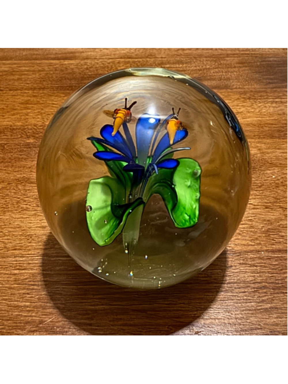 12. Vintage Blue Flower with Bees Paperweight Collectable